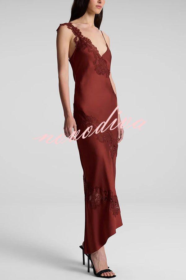 Sexy Lace Stitching Suspender V-neck Asymmetrical Maxi Dress