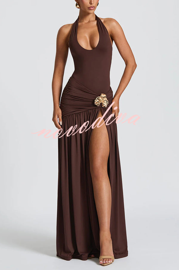 Solid Color Halter Neck Backless Slim Fit Pleated Slit Maxi Dress