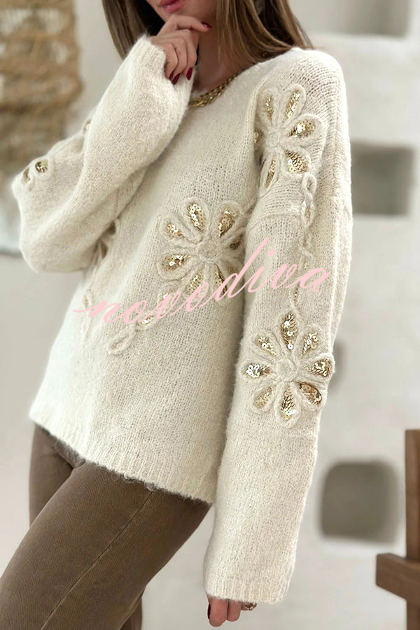 Fashionable Sequined Floral Loose Long-sleeved Knit Sweater