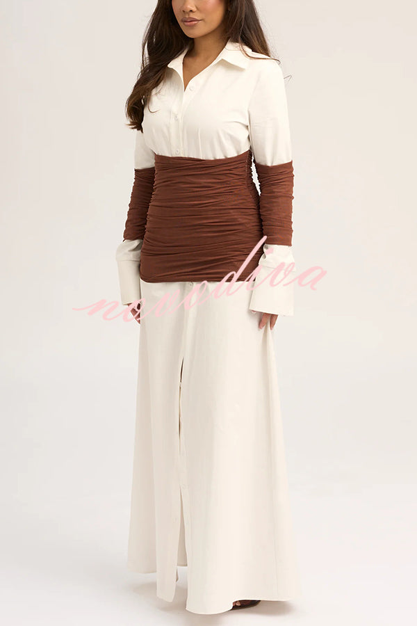 Fashionable Pleated Contrast Patchwork Waist Long Sleeve Button Shirt Maxi Dress