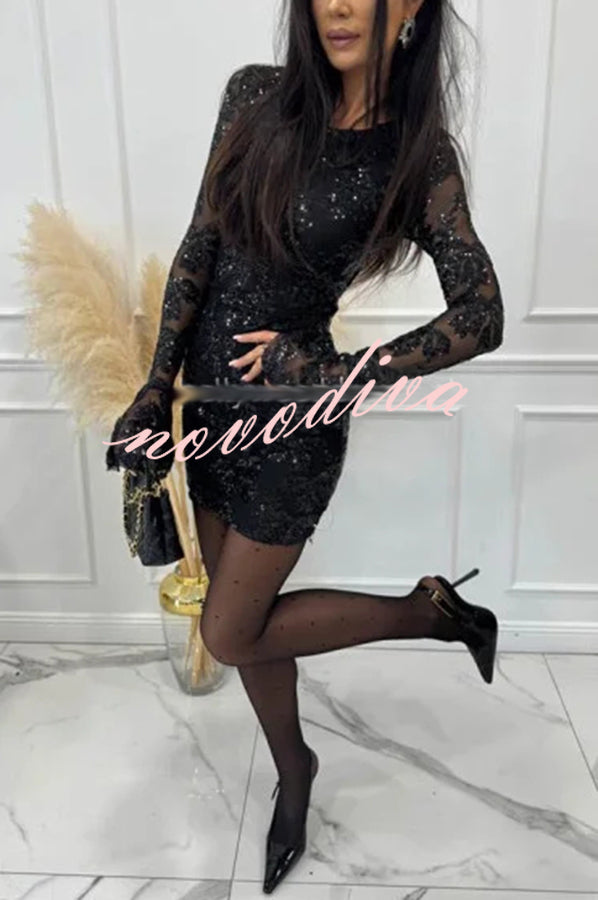Deep and Dazzling Floral Texture Sequin Long Bell Sleeve Open Back Mini Dress