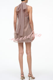 Playful Charm Sheer Chiffon Embellished Feather Back Bow H-line Mini Dress
