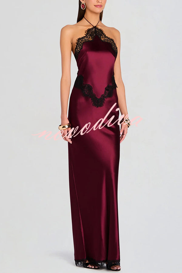 Everly Contrast Color Satin Lace Trim Halter Back Lace-up Flare Maxi Dress