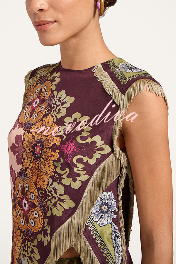 Stunning Floral Print Asymmetric Tassel Trim Scarf Top