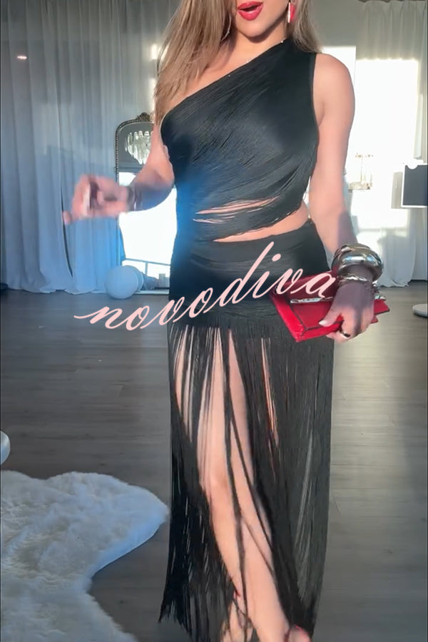Dancing Miracle One Shoulder High Waist Hollow Design Tassel Hem Drape Mini Dress