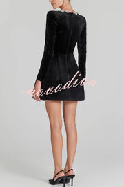 Endless Celebration Velvet Jewel Embellished Trim Long Sleeve Pocketed Mini Dress