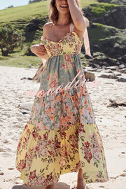 Floral Print Strappy Pleated Paneled Maxi Dress