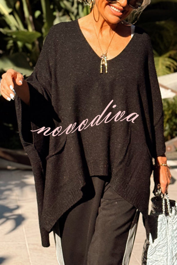 Fashion V-neck Loose Pocket Mid-length Knitted Sweater