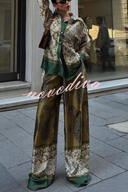 Naya Satin Contrast Color Paisley Long Sleeve Shirt and Elastic Waist Pocketed Pants Set