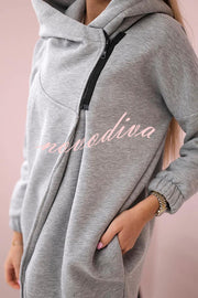 Solid Color Loose Hooded Zip-up Casual Sports Jacket