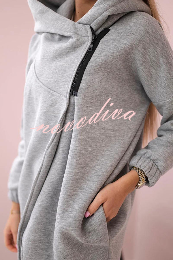 Solid Color Loose Hooded Zip-up Casual Sports Jacket
