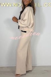 Fashion Contrast Color V-neck Loose Cardigan and Elastic Waist Casual Pants Set