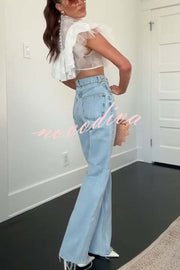Kathlyn Lace Layered Tulle High Neck Ruffle Cropped Top