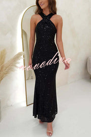 Time To Sparkle Sequin Cross Halter Neck Backless Maxi Dress