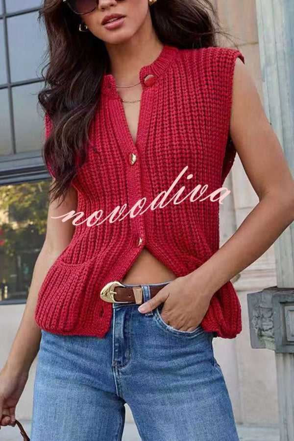 Solid Color Sleeveless Button Pocket Knit Vest