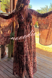 Boho Unique Printed Long Sleeve Vacation Maxi Cover Up