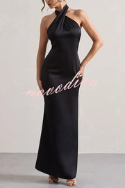 Solid Color Halter Neck Tie Sexy Backless Slim Maxi Dress