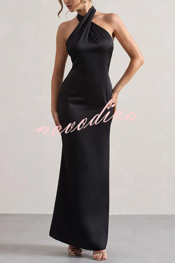 Solid Color Halter Neck Tie Sexy Backless Slim Maxi Dress