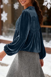 Fashionable Velvet and Lace Patchwork Loose Long-sleeved Top
