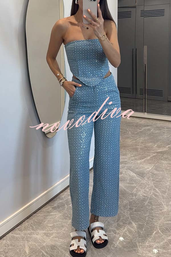 Fashionable Look Denim Sequin Textured High Rise Pocket Straight Jeans