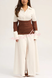 Fashionable Pleated Contrast Patchwork Waist Long Sleeve Button Shirt Maxi Dress
