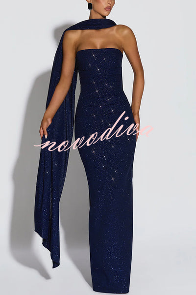 Pandra Glittery Crepe Fabric Off Shoulder Ruched Slit Cape Maxi Dress