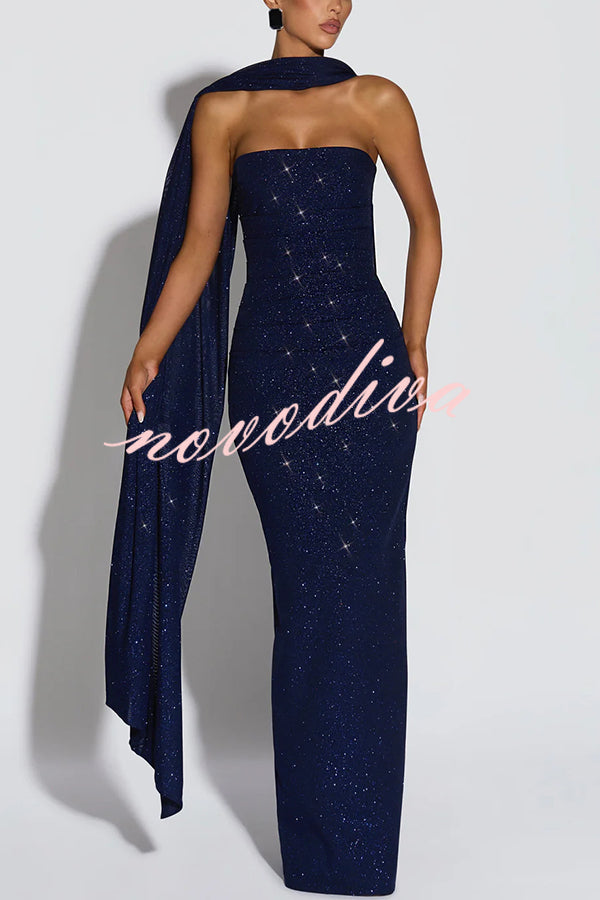 Pandra Glittery Crepe Fabric Off Shoulder Ruched Slit Cape Maxi Dress