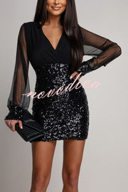 Whisper and Wine Sheer Tulle Sequin Patchwork V-neck Long Sleeve Mini Dress