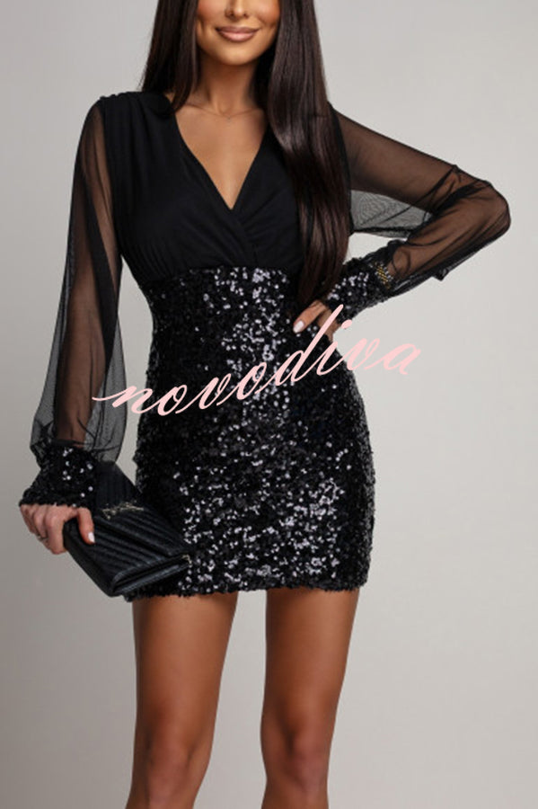 Whisper and Wine Sheer Tulle Sequin Patchwork V-neck Long Sleeve Mini Dress