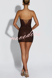 Lindsay Sequin Pleated Cowl Scooped Neckline Back Lace-up Strapless Mini Dress