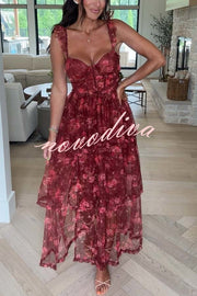 Romantic and Elegant Mesh Floral Back Smocked Tiered Ruffle Maxi Dress