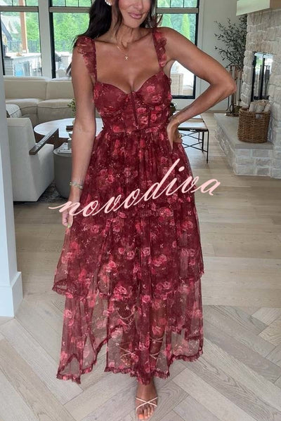 Romantic and Elegant Mesh Floral Back Smocked Tiered Ruffle Maxi Dress