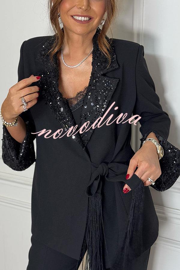 Social Time Embroidered Sequin Patchwork Tassel Belt Detail Lapel Party Blazer