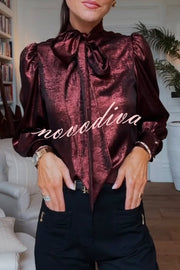 Ariella Metallic Satin Fabric Tie-up Bow Neck Long Sleeve Blouse