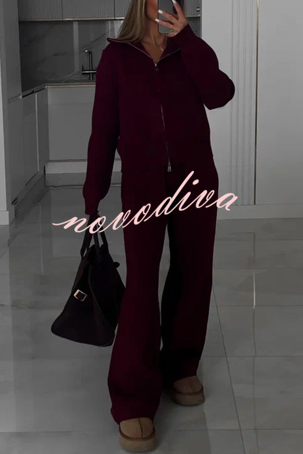 Effortlessly Stylish Ribbed Zipper High Neck Sweatshirt and Elastic Waist Pocketed Loose Pants Set