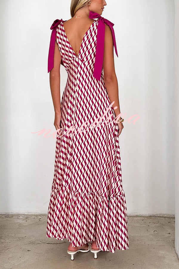 Unique Printed V-neck Sleeveless Lace-up Waist Maxi Dress