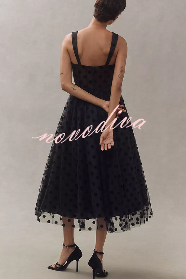 polka dot net bustier a line midi dress Polka Dot Bustier Sweetheart Midi Dress
