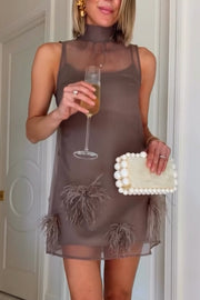 Playful Charm Sheer Chiffon Embellished Feather Back Bow H-line Mini Dress