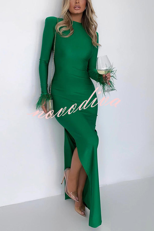 Solid Color Round Neck Ostrich Feather Long Sleeve Slim Maxi Dress