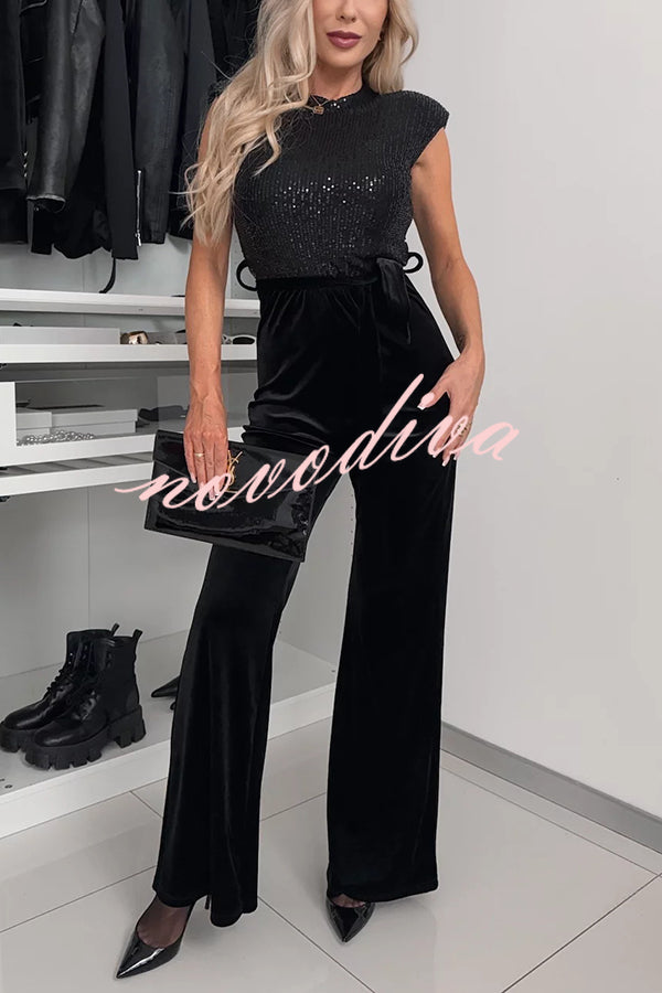 Perfect Party Style Sequin Velvet Patchwork Backless Flare Stretch Jumpsuit