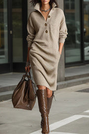 Solid Color Collared Button Pocket Loose Casual Knit Midi Dress