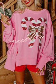 Candy Cane Lane Sequined Pullover Long Sleeved Sweatshirt