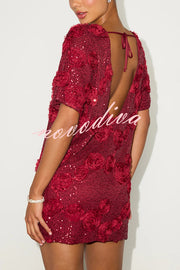 Feeling Exquisite Sequin-embellished Rose Texture Short Sleeve H-line Mini Dress