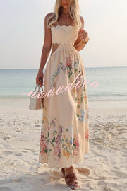 Cabo Sunsets Floral Print Petal Trim Back Lace-up Midi Dress