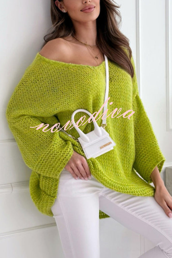 Solid Color Loose V-neck Casual Knitted Sweater