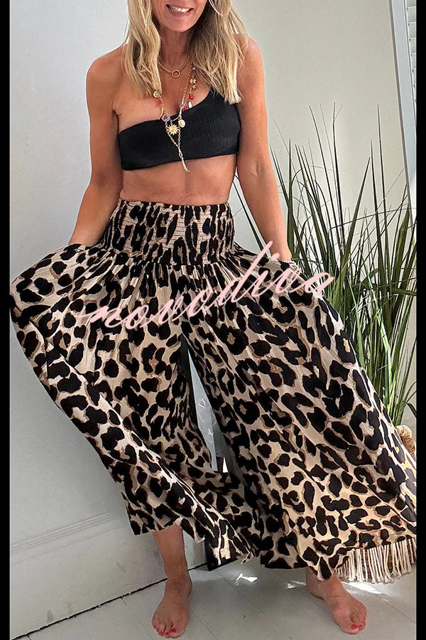 Stella Leopard Print High Rise Smocked Waist Pocketed Wide Leg Pants
