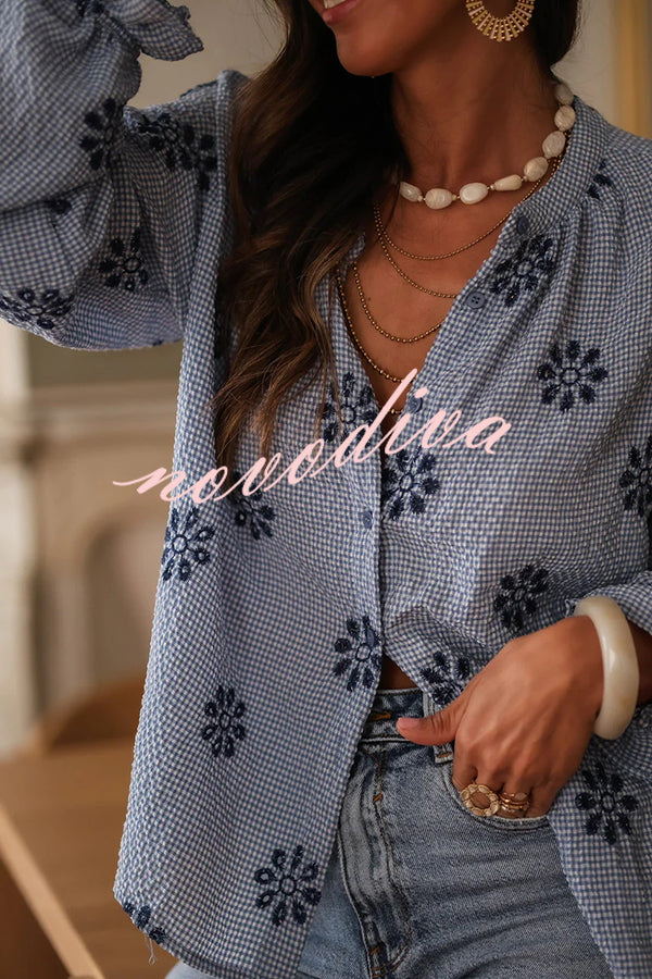 Fashionable Embroidered Floral Casual Long-Sleeved Loose Top