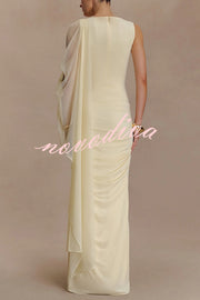 Fashionable Mesh Shawl Sleeveless Slim Fit Pleated Maxi Dress