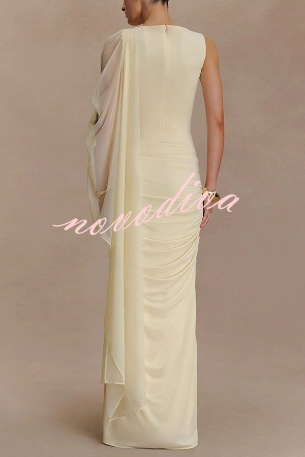 Fashionable Mesh Shawl Sleeveless Slim Fit Pleated Maxi Dress
