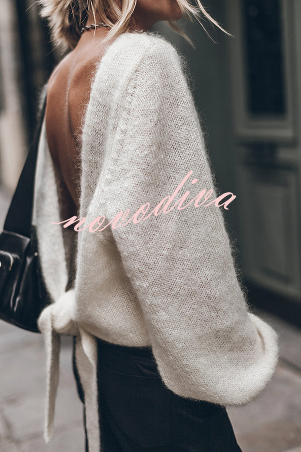 Chunky Season Knit Mohair-blend Long Sleeve Open Back Knot Design Loose Sweater